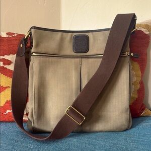 Unisex Ghurka canvas guide messenger Crossbody Bag tan green herringbone twill